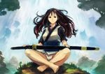  barefoot brown_hair grass katana long_hair okuto original sword water waterfall weapon 