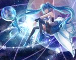  7th_dragon 7th_dragon_2020 blue_eyes blue_hair cropped dress hatsune_miku lekisan long_hair ribbons space thighhighs twintails vocaloid wristwear 