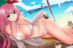  beach bikini boat breasts cherry clouds drink dungeon_and_fighter food fruit green_eyes jpeg_artifacts long_hair navel necklace open_shirt pink_hair shaojiang signed sky swimsuit umbrella water 