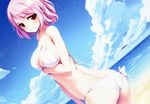  ass beach bikini blush breast_hold clouds ke-ta pink_hair saigyouji_yuyuko scan short_hair sky swimsuit touhou water 
