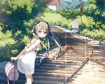  5_nenme_no_houkago blush building cropped dress flat_chest gray_hair green_eyes kantoku landscape leaves long_hair original scan scenic summer_dress train tree twintails 