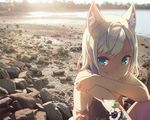  animal_ears aqua_eyes beach cropped foxgirl h2so4 island_of_horizon original photo scan sunset white_hair 