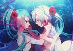  aqua_eyes aqua_hair bubbles deep-sea_girl_(vocaloid) flowers hatsune_miku headphones marmalade_(elfless_vanilla) red_eyes rose twintails underwater vocaloid water 