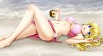  barefoot beach blonde_hair blue_eyes breasts crown jpeg_artifacts long_hair navel nintendo ponytail princess_peach super_mario underboob water yuino_(fancy_party) 