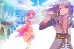  black_hair boots city clouds estellise_sidos_heurassein green_eyes long_hair makino_(sinobusan) pink_hair purple_eyes short_hair tales_of_vesperia yuri_lowell 