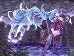  boots city corset elbow_gloves grass hatsune_miku night skirt stars thighhighs vocaloid yusuke 