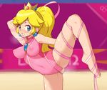  barefoot blonde_hair blue_eyes breasts chiwino erect_nipples nipples no_bra ponytail princess_peach pubic_hair ribbons see_through skintight super_mario 