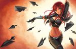  armor breasts chanseven cleavage gloves green_eyes katarina league_of_legends navel red_hair skintight weapon 