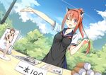  @ichigo animal_ears apron blue_eyes book clouds headband original ponytail red_hair seifuku sky wink 