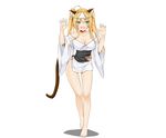  @ichigo animal_ears barefoot blonde_hair blush breasts cat_smile catgirl cleavage fang green_eyes japanese_clothes long_hair tail twintails white 