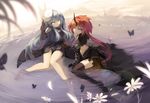  2girls aqua_eyes flowers gray_hair horns long_hair mask milim_nava orange_hair rimuru_(tensei_shitara_slime_datta_ken) tensei_shitara_slime_datta_ken thighhighs undeedking yellow_eyes 