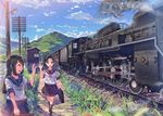  2girls brown_eyes brown_hair building clouds daito flowers grass kneehighs long_hair ponytail scenic seifuku train twintails 