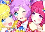  blonde_hair blue_eyes blush close houjou_sophie manaka_lala minami_mirei pripara purple_eyes purple_hair red_hair wink yan&#039;yo 