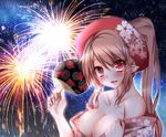  blush breasts brown_hair cleavage cropped erect_nipples fan fireworks headdress japanese_clothes jotti nipples open_shirt original pointed_ears ponytail red_eyes yukata 