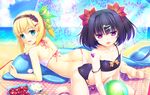  2girls 33paradox aqua_eyes ass beach bikini black_hair blonde_hair cherry edna_(zestiria) flat_chest food fruit headband heart ponytail purple_eyes simon_(zestiria) swimsuit tales_of_zestiria water 