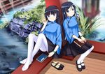  2girls animal aragaki_ayase black_hair blush book chinese_clothes edogawakid fish gokou_ruri grass leaves long_hair ore_no_imouto_ga_konna_ni_kawaii_wake_ga_nai pantyhose purple_eyes scenic water wristwear 