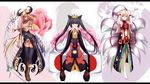  animal_ears barefoot black_hair blonde_hair breasts cleavage crown flowers horns multiple_tails original sukage tail thighhighs 