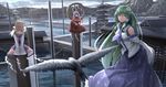  animal bird building clouds dress green_hair hat japanese_clothes kochiya_sanae landscape long_hair miko moriya_suwako ribbons ryosios scenic shrine skirt touhou water yasaka_kanako 