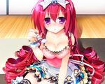  blush bow breasts cleavage food game_cg headdress lass long_hair mayoeru_futari_to_sekai_no_subete mizunomiya_nana moriyama_shijimi purple_eyes red_hair thighhighs 