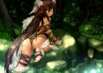  ass barefoot bella_(sennen_sensou_aigis) brown_hair dark forest green_eyes hakumare leaves long_hair sennen_sensou_aigis tree water wet 