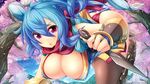  blue_hair breasts cherry_blossoms cleavage kinakoweb long_hair ninja ninja_(ragnarok_online) ragnarok_online red_eyes thighhighs tree watermark weapon 