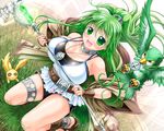  animal bare_shoulders bird breasts choker cleavage duel_monster female from_above garter grass green_eyes green_hair hair_ornament highres kneeling kogarashi_(wind_of_winter) long_hair looking_at_viewer magic magician necklace open_mouth ponytail rabbit shirt shorts solo staff tagme_(character) weapon wind_of_winter wristwear wynn yu-gi-oh yu-gi-oh! 
