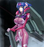  bangs blue_hair bodysuit breasts covered_navel covered_nipples cowboy_shot from_side giantess gloves green_eyes gunpod hair_between_eyes hair_ribbon hands_together headband high_ponytail klan_klein large_breasts light_smile long_hair looking_to_the_side macross macross_frontier makacoon mecha_musume meltrandi multicolored multicolored_bodysuit multicolored_clothes pilot_suit pink_bodysuit pointy_ears ponytail purple_bodysuit ribbon short_hair short_ponytail sidelocks skin_tight smile solo spacesuit standing super_pack turtleneck very_long_hair vf-25 zentradi 