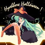  copyright_request dress green_hair halloween happy_halloween hat highres kneehighs long_hair ootsuki_ren panties polka_dot polka_dot_legwear ribbon solo striped striped_legwear striped_panties underwear witch_hat 