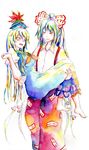  bad_id bad_pixiv_id barefoot carrying dress fujiwara_no_mokou hair_ribbon kamishirasawa_keine long_hair multicolored_hair multiple_girls open_mouth princess_carry red_eyes ribbon row_(akatuki) suspenders touhou traditional_media watercolor_(medium) yuri 