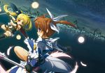  :d bardiche battle blonde_hair blush duel fate_testarossa from_behind hitsuji_hako lake looking_back lyrical_nanoha mahou_shoujo_lyrical_nanoha multiple_girls night open_mouth outdoors red_eyes smile takamachi_nanoha thighhighs water 