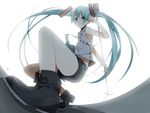  ankle_boots aqua_eyes aqua_hair boots grin hatsune_miku laces light long_hair microphone microphone_stand necktie panda_(pandadesu) perspective smile solo squatting twintails very_long_hair vocaloid 