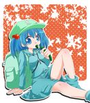  backpack bad_id bad_pixiv_id bag banjima_buki blue_eyes blue_hair cucumber hair_bobbles hair_ornament hat kawashiro_nitori key solo touhou twintails two_side_up 