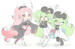  apple_inc. boots fish green_eyes green_hair hat headphones headset long_hair macintosh macloid macne_coco macne_nana macne_nana_petit multiple_girls tuna yahoro 