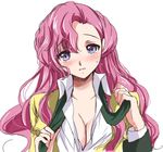  blush breasts cleavage code_geass euphemia_li_britannia kurimomo lips long_hair medium_breasts necktie open_clothes open_shirt pink_hair purple_eyes school_uniform shirt solo undressing 