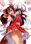  armpits blush bow brown_eyes brown_hair detached_sleeves from_below hair_bow hakurei_reimu highres japanese_clothes long_hair long_skirt midriff navel nekoguchi ofuda open_mouth panties red_skirt scroll skirt solo striped striped_panties surprised sweatdrop touhou underwear upskirt 