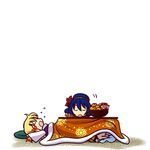  chibi food fruit hair_ribbon komeiji_koishi kotatsu mandarin_orange moriya_suwako multiple_girls ribbon simple_background sleeping socha table touhou under_kotatsu under_table v when_you_see_it yasaka_kanako |_| 