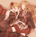  alternate_hairstyle beatrice blonde_hair dress dual_persona flower hair_down hair_ornament hanokage multiple_girls necktie pink_neckwear skirt thighhighs umineko_no_naku_koro_ni zettai_ryouiki 