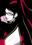  1girl awairo bayonetta bayonetta_(character) beauty_mark black_hair blue_eyes earrings eyeshadow female flat_color glasses gun jewelry long_hair looking_back makeup mole satsuki_yuu_(awairo) solo weapon wink 