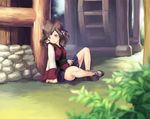  bird blurry brown_eyes brown_hair comet_(teamon) day depth_of_field eurasian_tree_sparrow flower korean_clothes original outdoors sitting skirt solo sparrow 