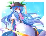  blue_hair colorized exion_(neon) food fruit hand_on_headwear hat hinanawi_tenshi leaf long_hair minato_usagi peach solo sword sword_of_hisou touhou weapon 