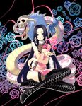  black_hair boa_hancock boots breasts dress earrings high_heels honda_tamanosuke jewelry long_hair medium_breasts one_piece salome_(one_piece) shoes snake solo thigh_boots thighhighs 