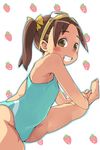  bad_id bad_pixiv_id barefoot blush brown_eyes brown_hair chanchan competition_swimsuit food food_print fruit goggles goggles_on_head grin highres ichigo_mashimaro long_hair looking_at_viewer matsuoka_miu one-piece_swimsuit smile solo strawberry_print stretch swimsuit twintails 