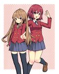  aisaka_taiga bad_id bad_pixiv_id brown_eyes brown_hair checkered checkered_background highres kuro_minamo kushieda_minori loafers long_hair multiple_girls pointing red_eyes red_hair salute school_uniform shoes short_hair smile thighhighs toradora! 