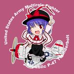  aircraft airplane blue_hair blush chibi commentary hat john_travolta military nagae_iku nose_art p-47_thunderbolt purple_hair red_eyes ribbon sakurato_tsuguhi saturday_night_fever short_hair solo touhou world_war_ii 