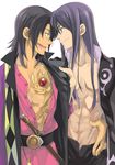  abs ayumiso black_eyes black_hair green_eyes long_hair male_focus multiple_boys open_clothes open_shirt raven_(tales) shirt smile tales_of_(series) tales_of_vesperia yuri_lowell 