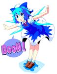  2ch blue_eyes blue_hair bow bu-n cirno hair_bow highres outstretched_arms ribbon solo spread_arms sw touhou wings 