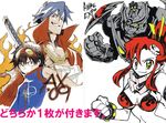  2boys bandages bikini_top blue_hair cape goggles goggles_on_head gurren-lagann imaishi_hiroyuki kamina mecha multiple_boys nishigori_atsushi official_art ponytail red_hair simon tengen_toppa_gurren_lagann yoko_littner 