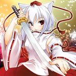  amase_tatsuki animal_ears detached_sleeves hat inubashiri_momiji red_eyes short_hair solo sword tokin_hat touhou weapon white_hair wolf_ears 