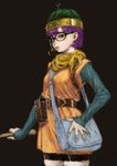  bag belt chrono_trigger glasses green_eyes hat headset helmet lucca_ashtear pon pouch purple_hair short_hair simple_background solo 