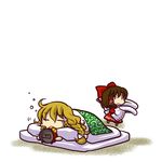  alarm_clock blanket blonde_hair chibi clock detached_sleeves futon hair_ribbon hakurei_reimu kirisame_marisa multiple_girls pillow ribbon simple_background sleepy socha touhou |_| 